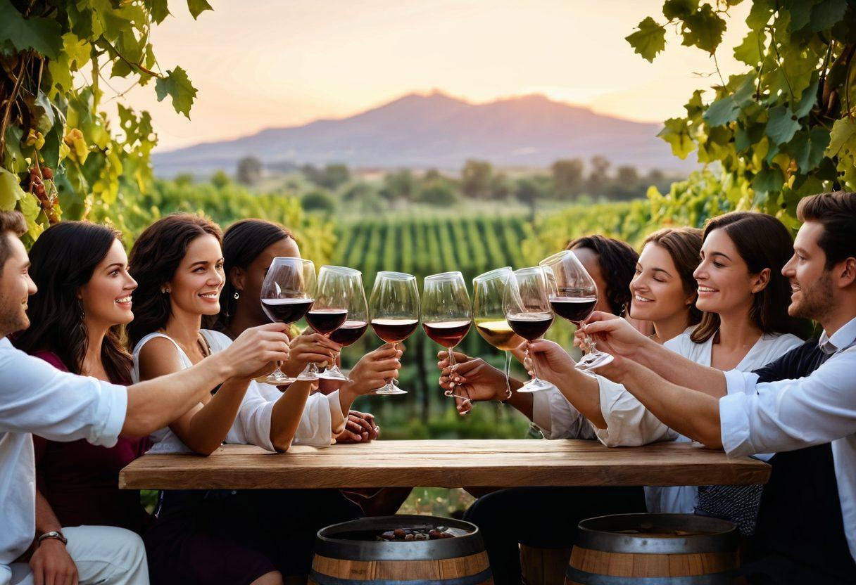 A cozy wine tasting event scene featuring diverse people clinking glasses, surrounded by bottles of red and white wine on wooden barrels. A vibrant vineyard backdrop under a sunset, with grapes hanging from vines, and a chalkboard displaying 'Join the Vino Community' with tips and reviews. Elegant wine glasses catching the warm light, inviting ambiance. super-realistic. vibrant colors. warm lighting.