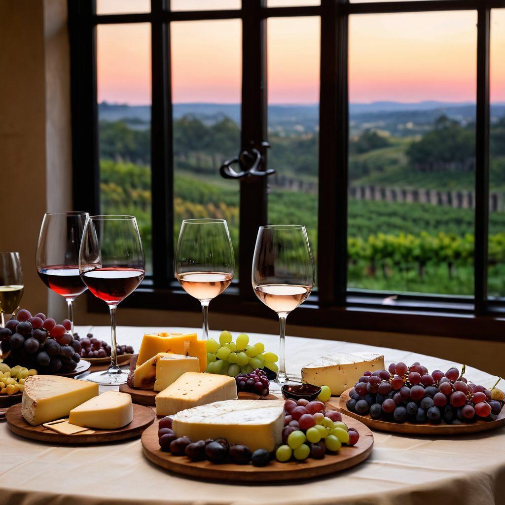 A sophisticated table set for a wine tasting, with various wine glasses filled with red, white, and rosé wines, surrounded by grapes and a luxurious cheese platter. Soft candlelight creates a warm atmosphere, with a rustic vineyard view through a window in the background. The scene conveys elegance and warmth, welcoming both enthusiasts and newcomers. super-realistic. vibrant colors. warm lighting.
