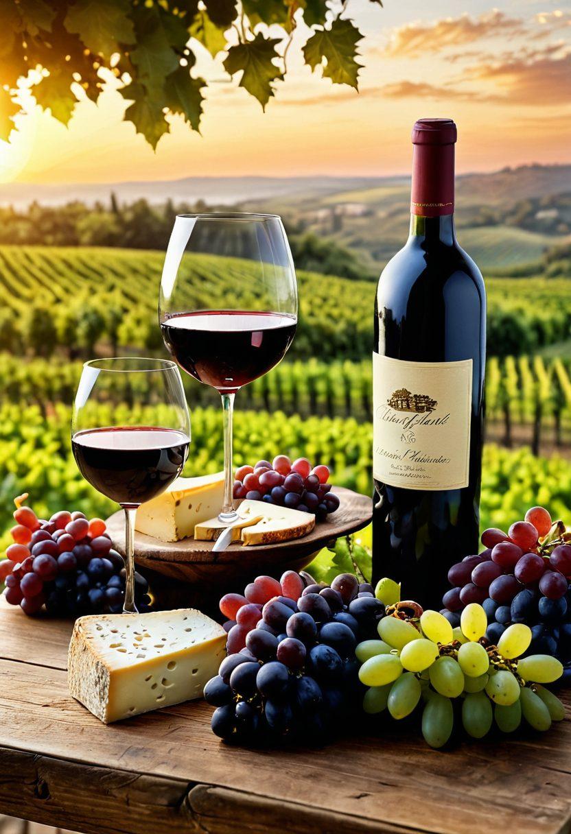 A rustic wooden table set with elegant wine glasses and a rich red wine bottle, surrounded by lush green vineyards in the background under a golden sunset. Include clusters of grapes nearby and a cheese platter, giving a sense of indulgence and celebration. Emphasize the warm, inviting ambiance of wine appreciation. super-realistic. warm tones. vibrant colors.